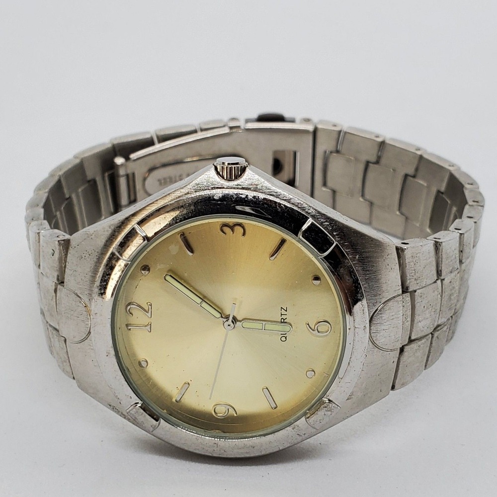 Men's Analog Watch 42MM Gold Dial Gray Bracelet Band 8" New Battery